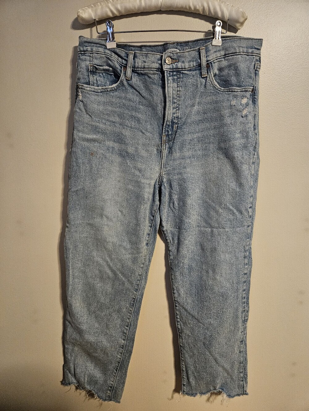Old Navy Sky-Hi Straight Extra High Rise Secret Slim Pockets Light Blue Raw Hem